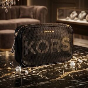 MK Michael Kors Black Mesh Logo Toiletry Pouch Bag